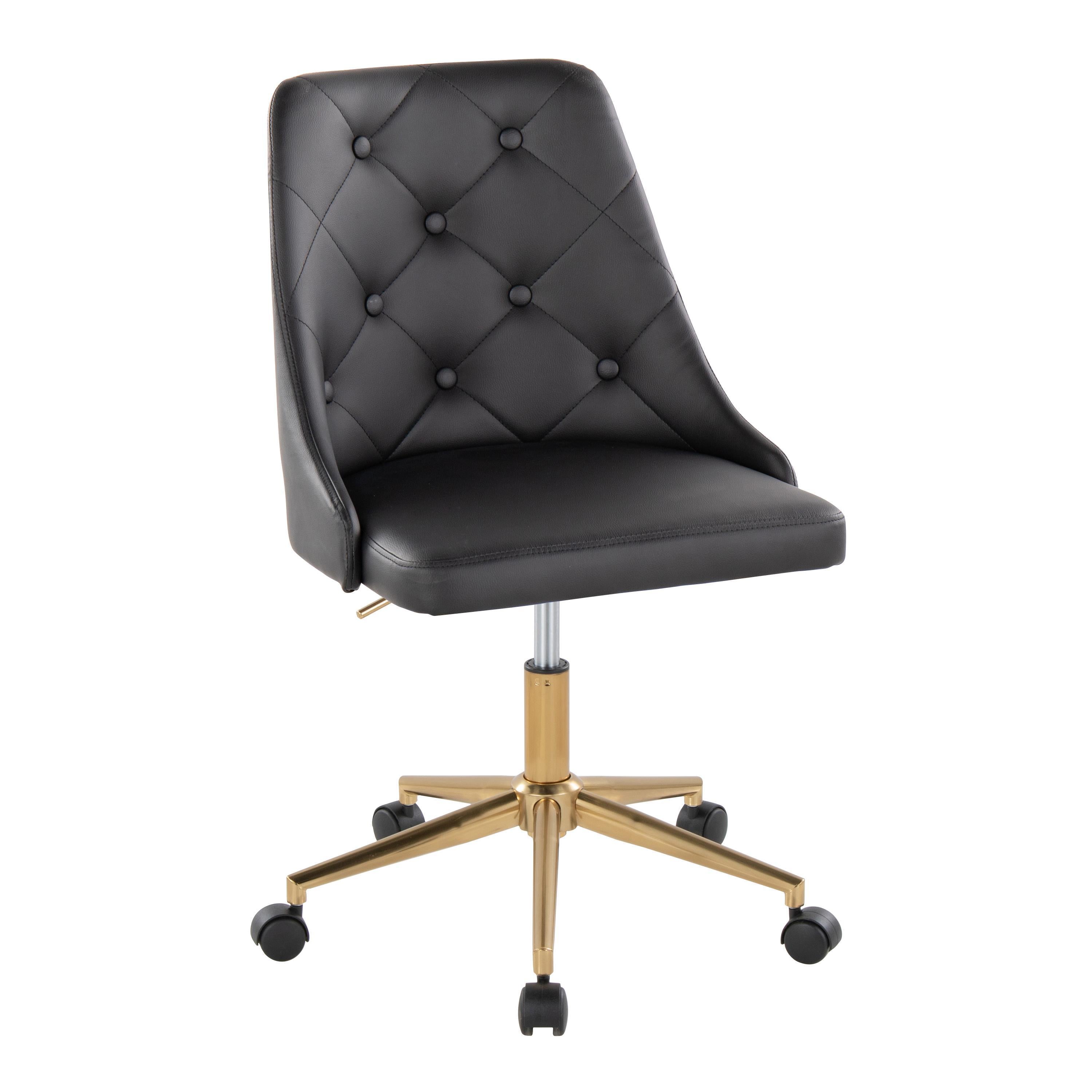 Marche Contemporary Swivel Task Chair with Casters in Gold Metal and Black Faux Leather by LumiSource