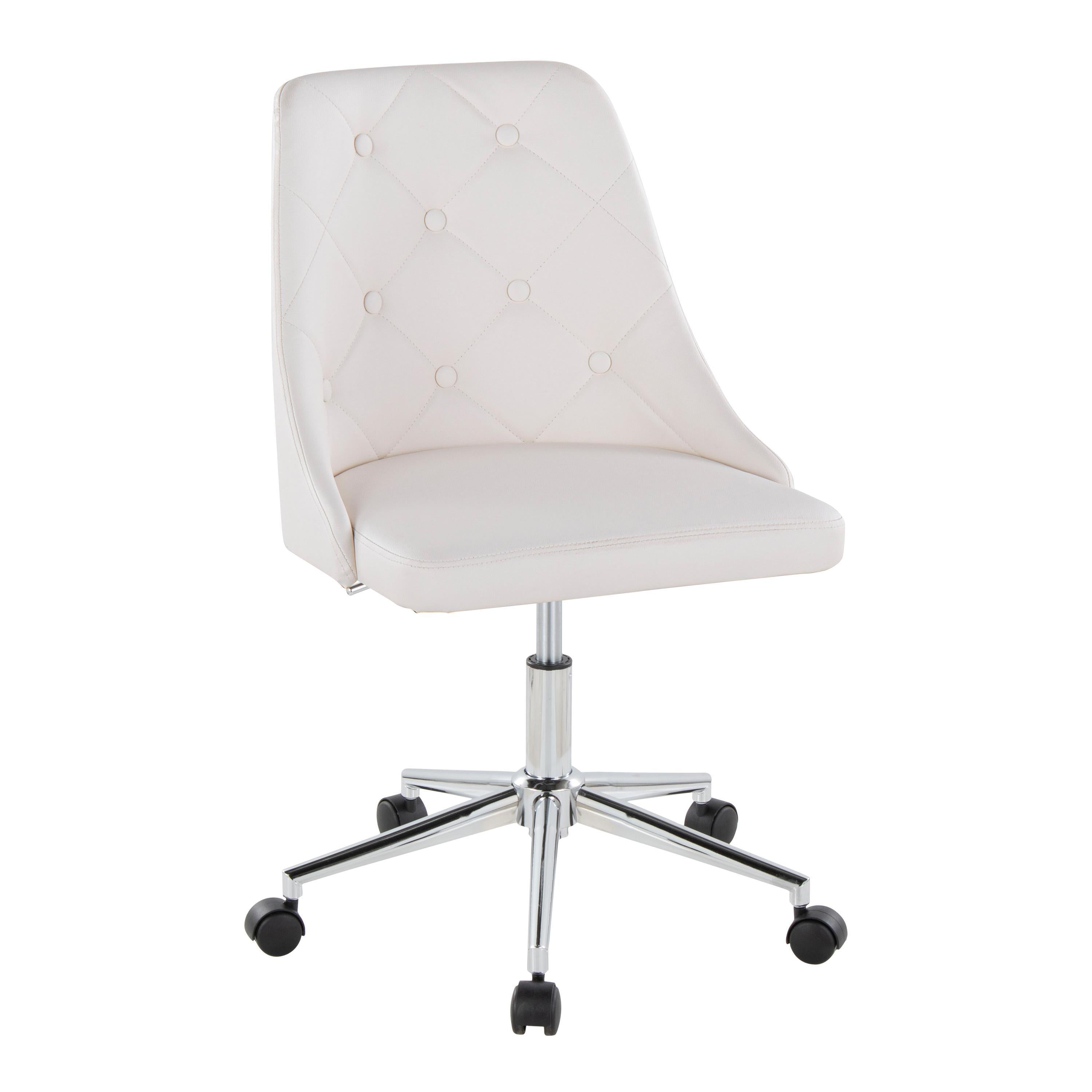 Marche Contemporary Swivel Task Chair with Casters in Chrome Metal and White Faux Leather by LumiSource