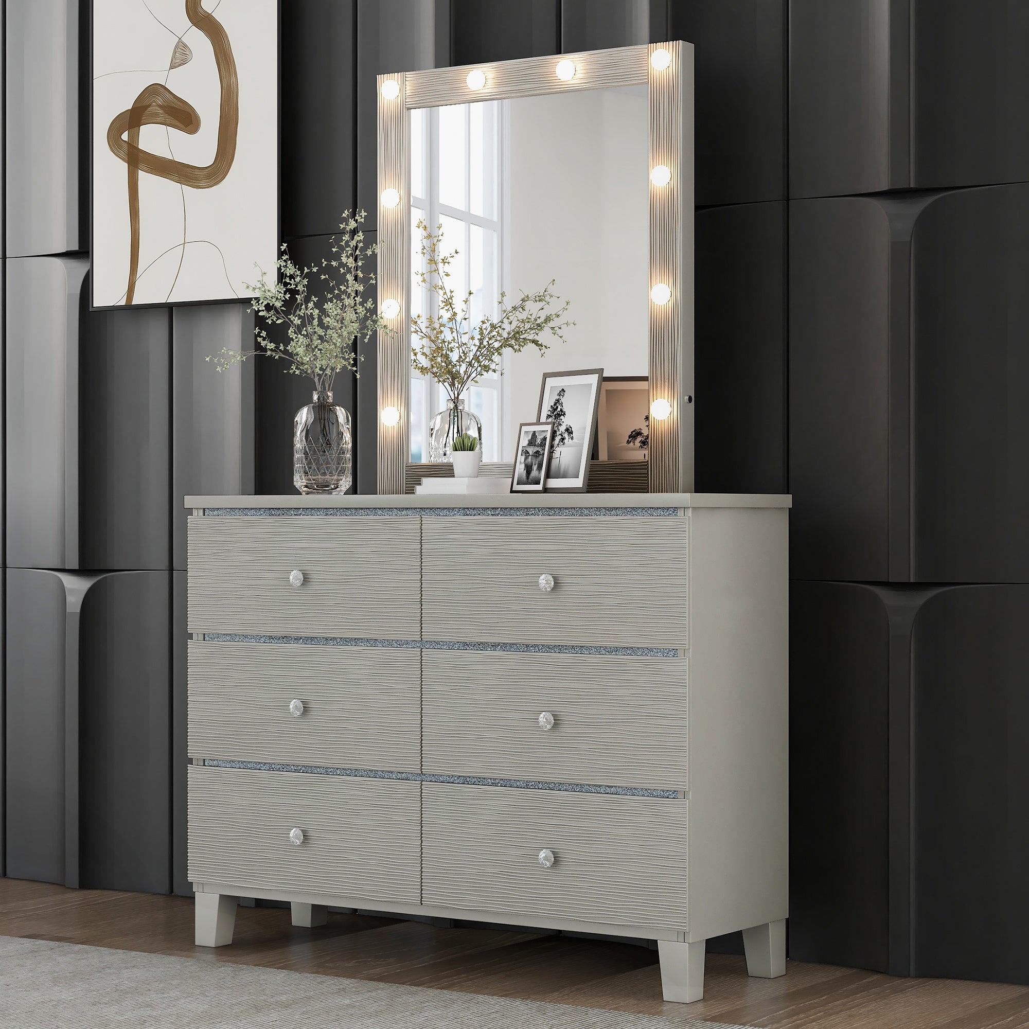 Champagne Silver Rubber Wood Dresser & Mirror with 6 Drawers Metal Slides Crystal Handle LED Lights Mirror