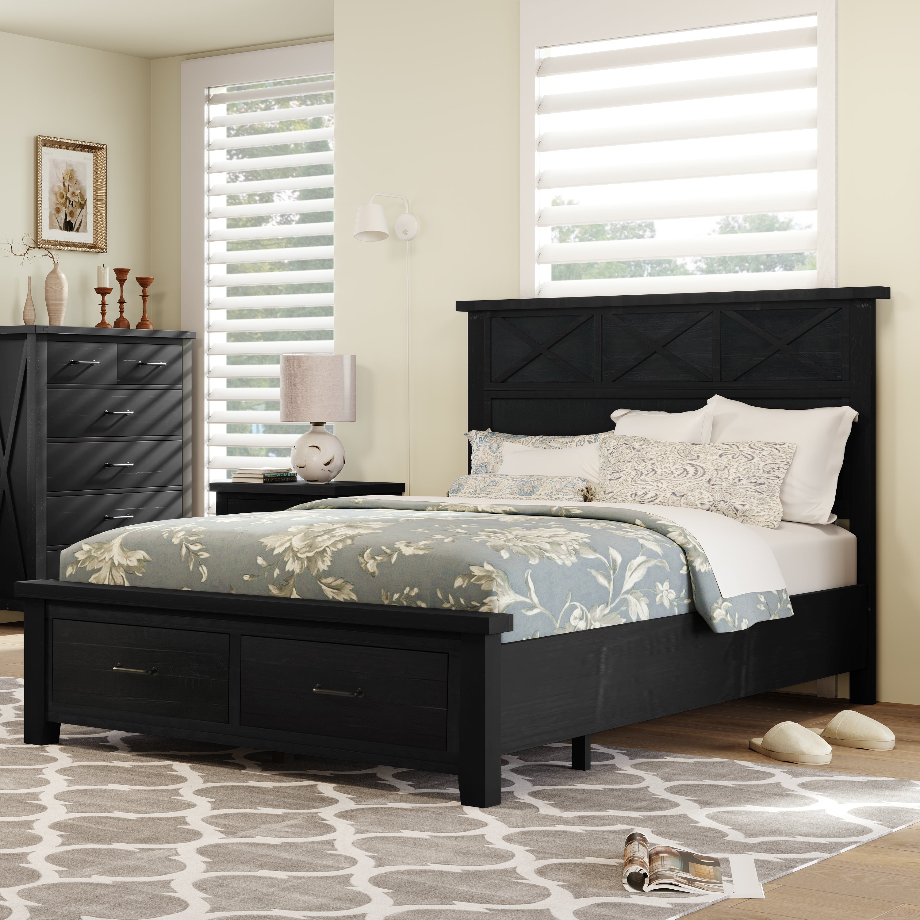 Rustic Farmhouse Style Blackwash Queen Storage Panel Bed with Two Drawers, Coffee