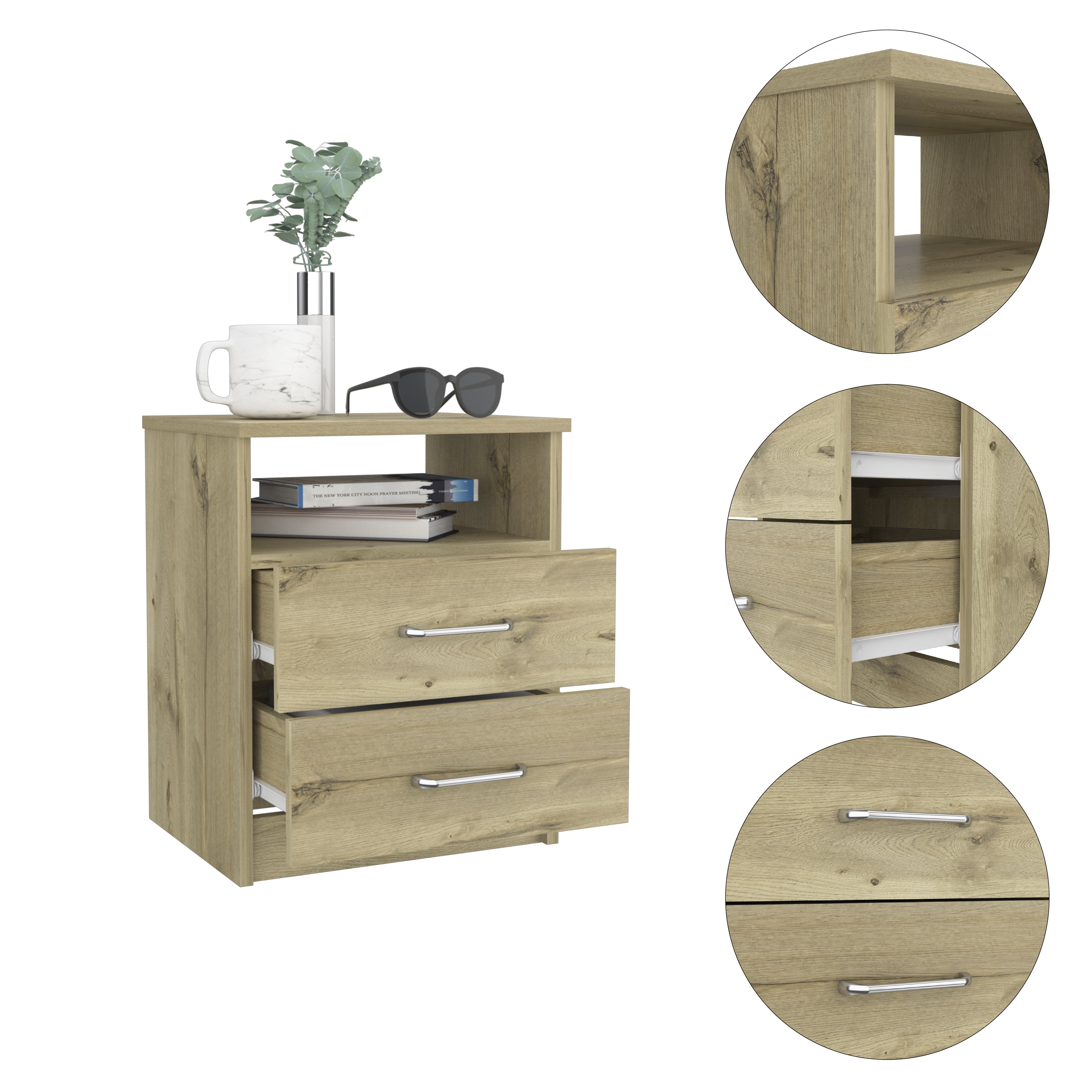 Nightstand Olienza, Two Drawers, One Shelf, Light Oak Finish