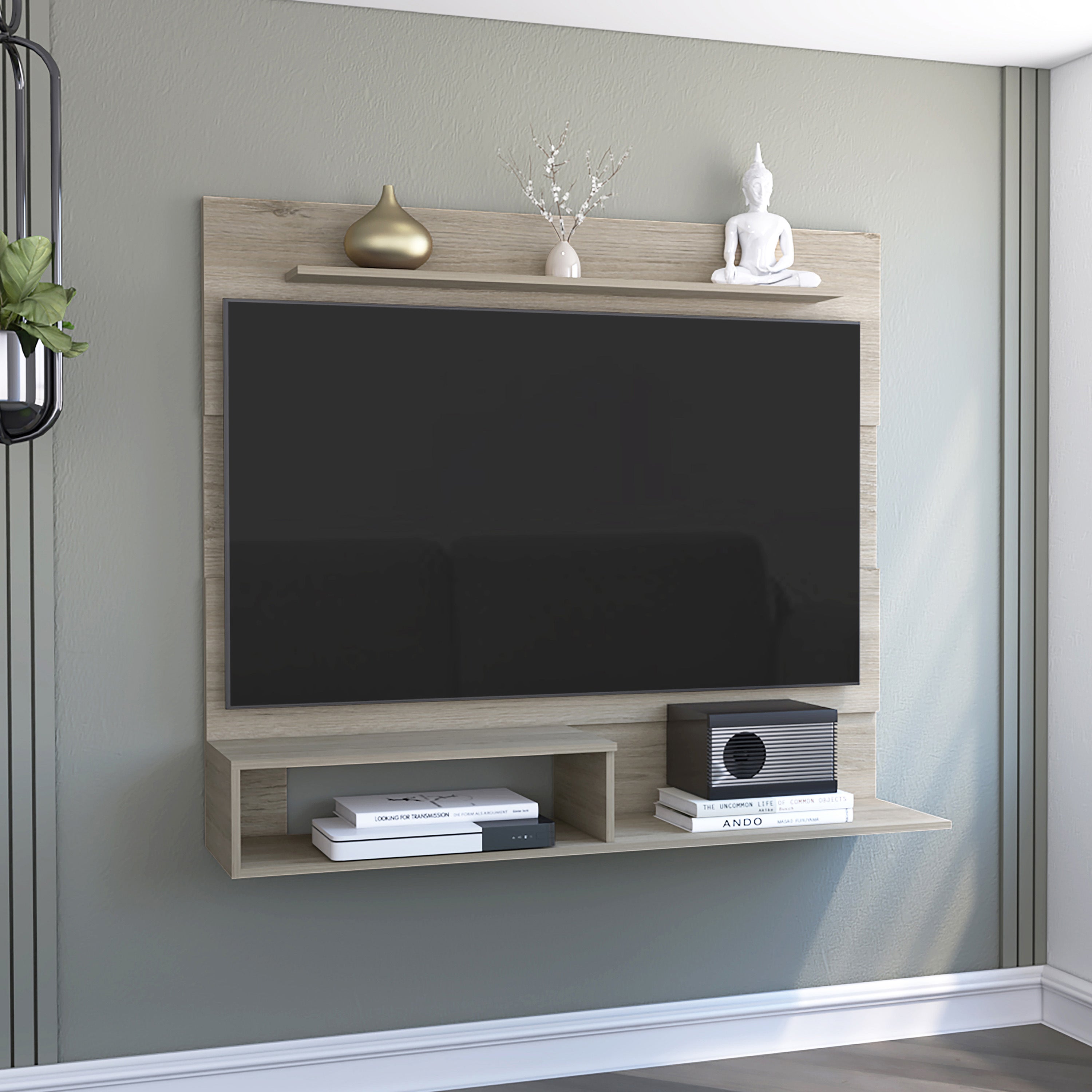 Floating Entertainment Center Albuquerque, Space For The TV´s up 55", Light Pine Finish