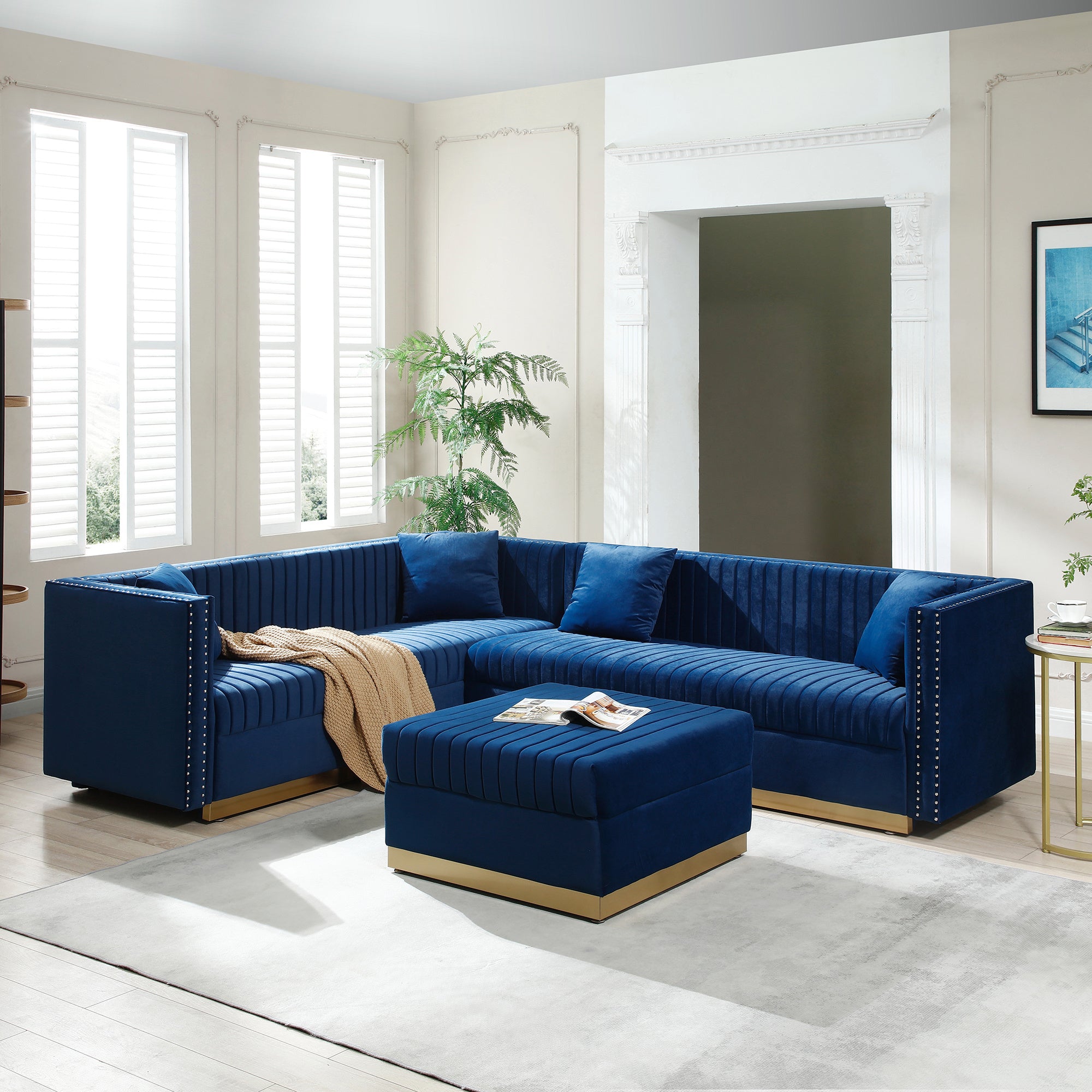 Contemporary Vertical Channel Tufted Velvet Sectional Sofa Modern Upholstered Corner Couch for Living Room Apartment with Ottoman and 4 pillows,Blue