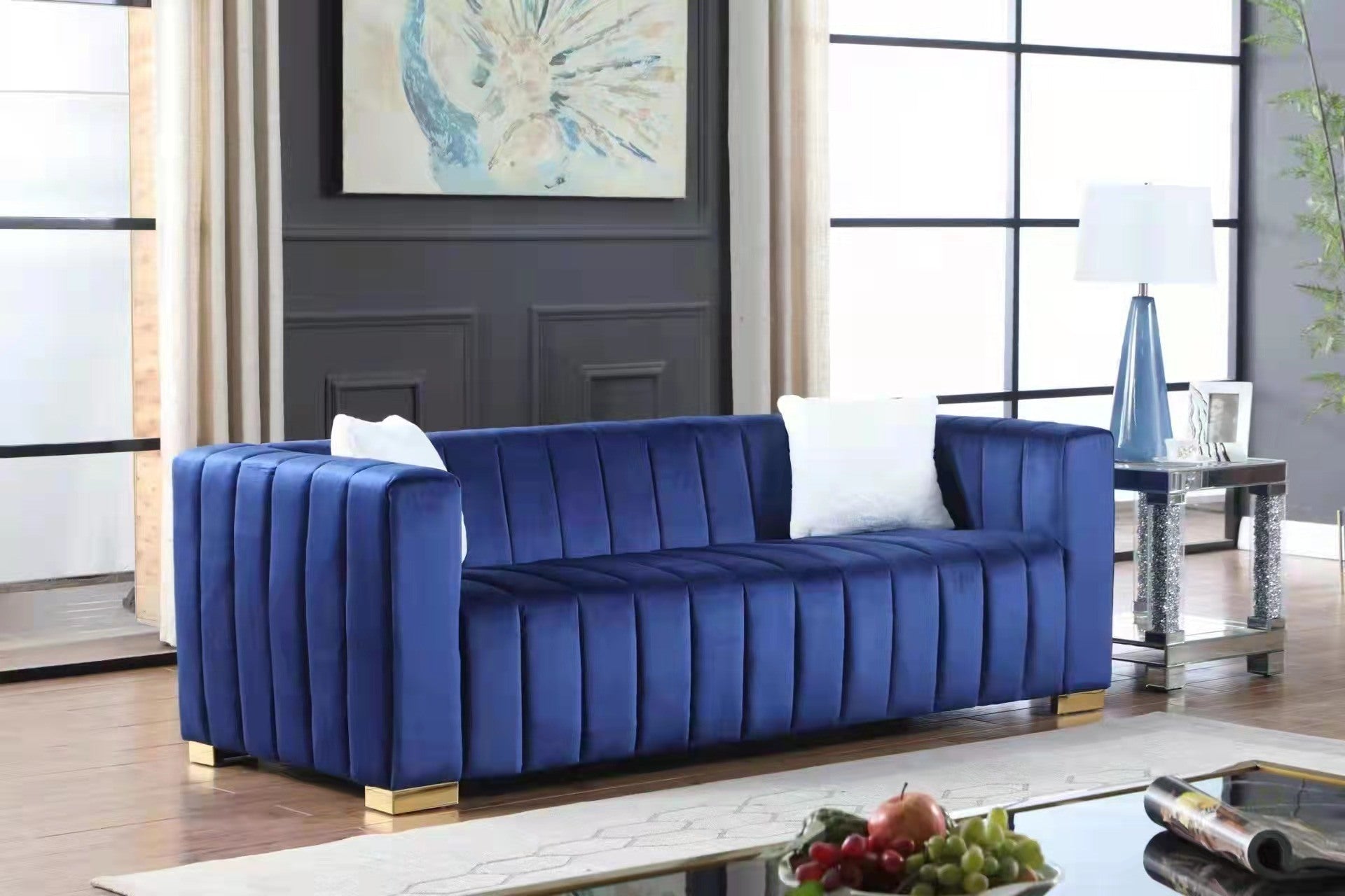 A modern channel sofa take on a traditional Chesterfield,Navy blue color,3 seater