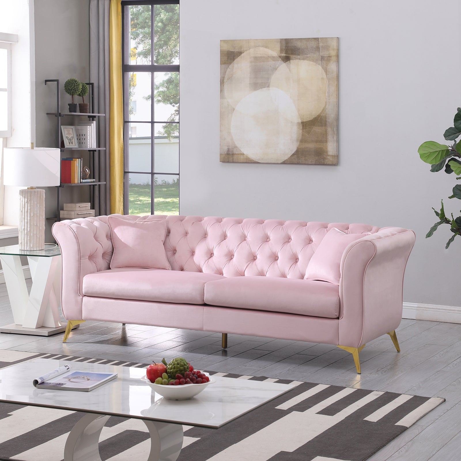 Chesterfield sofa ,Stanford sofa , high quality Chesterfield sofa ,pink color , tufted and wrinkled fabric sofa;contemporary Stanford sofa ; tufted sofa with scroll arm and scroll back