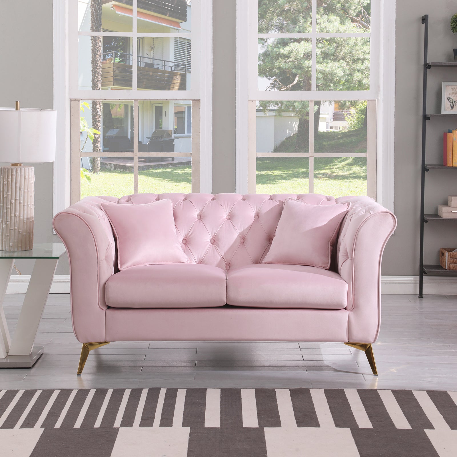 Chesterfield sofa ,Stanford sofa , high quality Chesterfield sofa ,Pink color , tufted and wrinkled fabric sofa;contemporary Stanford sofa .loverseater; tufted sofa with scroll arm and scroll back