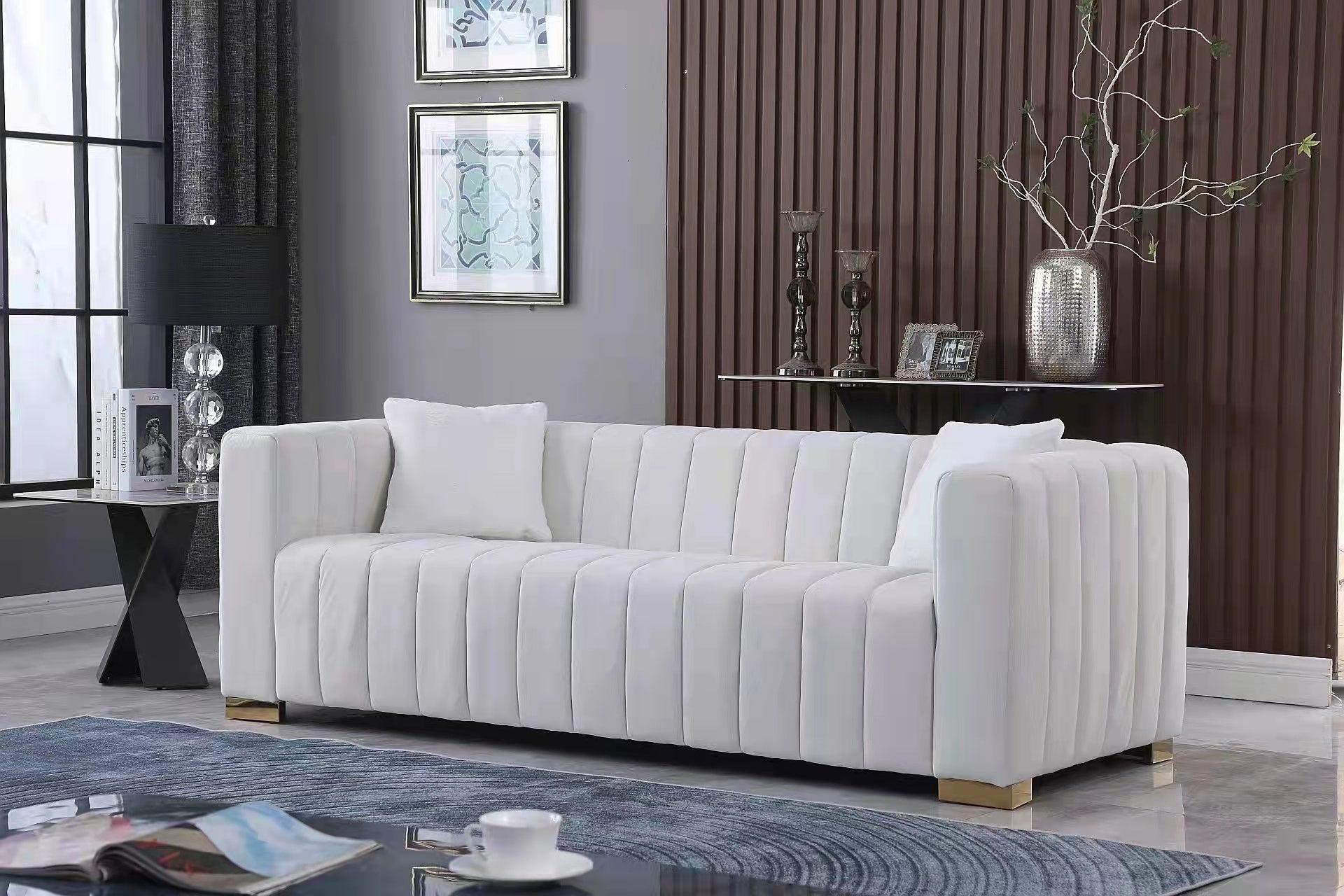 A modern channel sofa take on a traditional Chesterfield,White color,3 seater