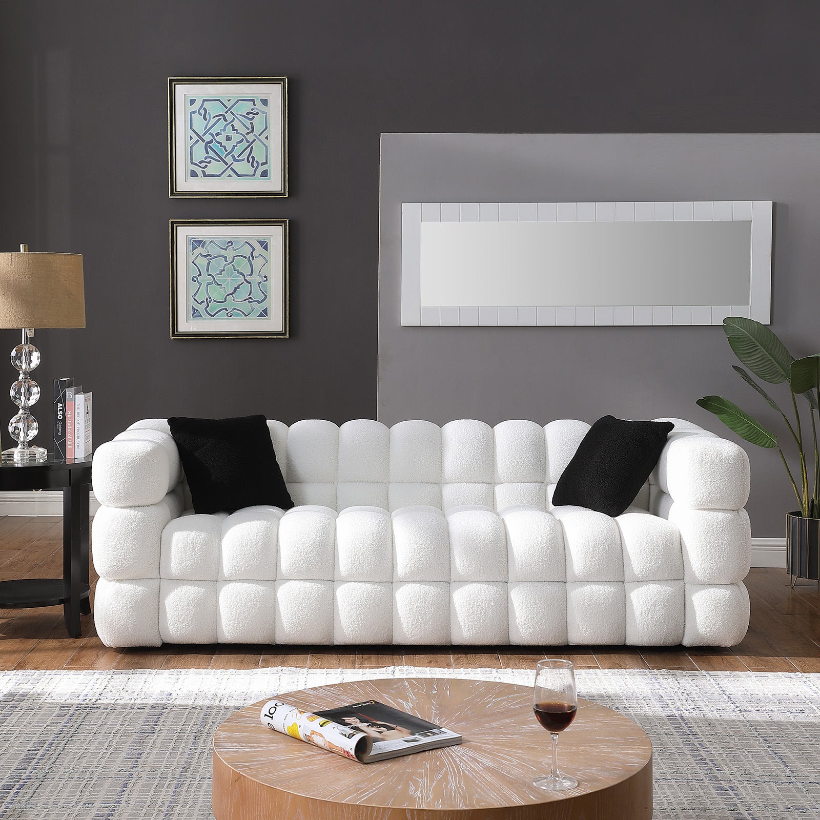 84.3 length ,35.83" deepth ,human body structure for USA people, marshmallow sofa,boucle sofa ,White color,3 seater