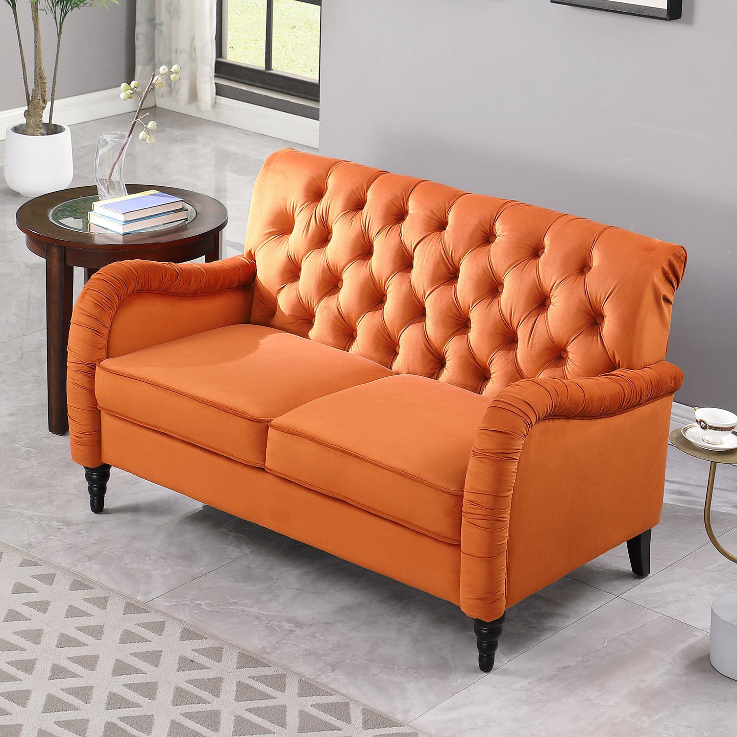 2229, orange Chesterfield;2 seater ,modern sofa