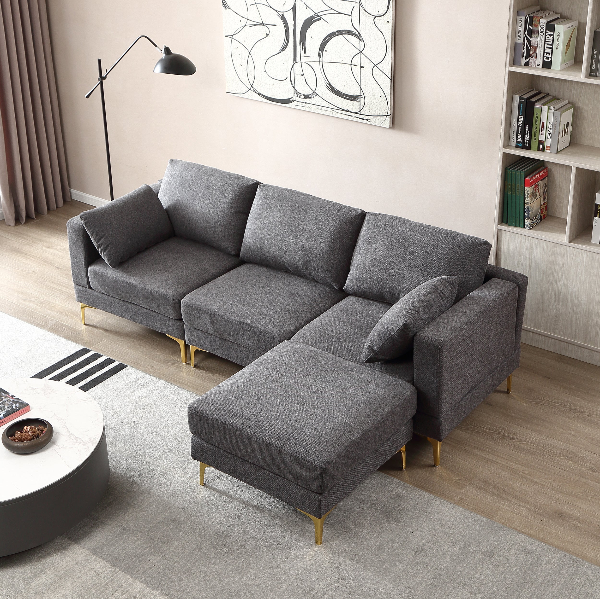 ADF Living Room Furniture Modern Leisure L Shape Couch Dark Grey Fabric