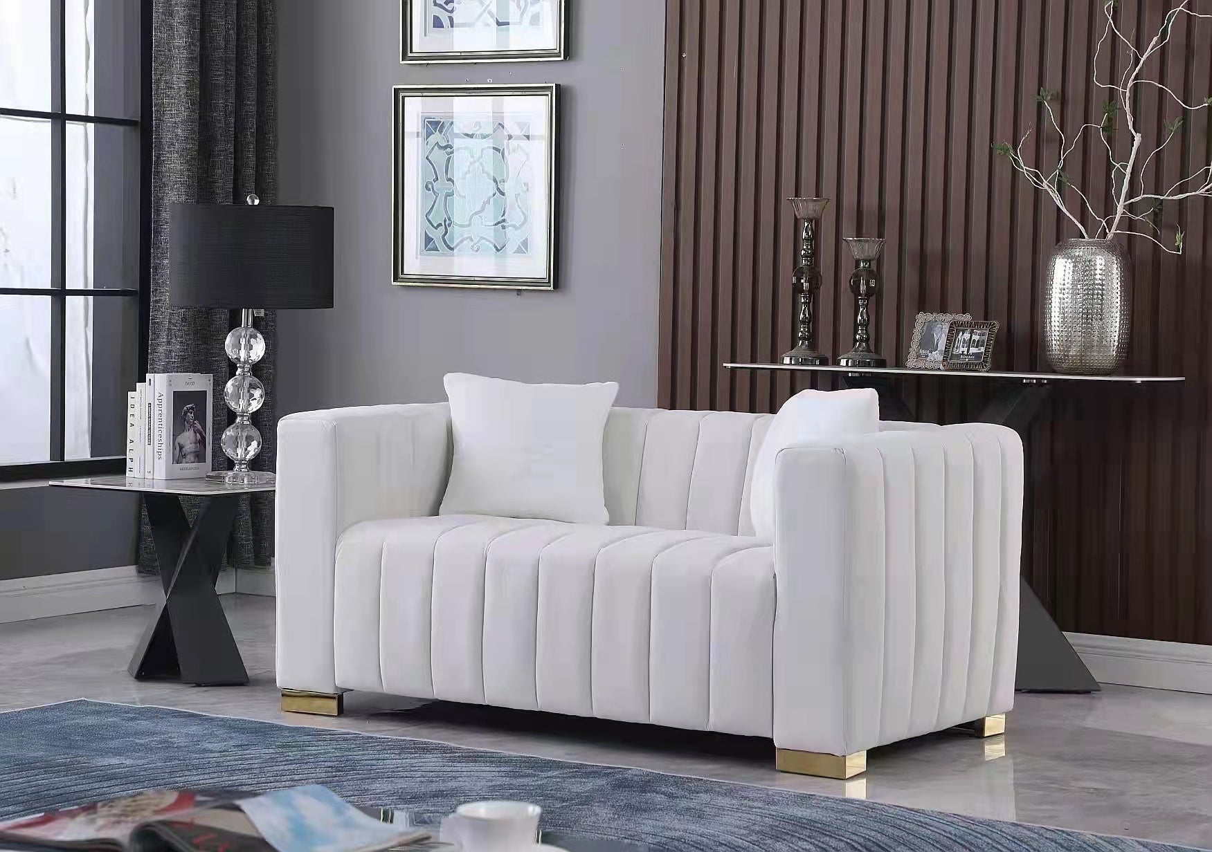 A modern channel sofa take on a traditional Chesterfield,White color,loveseater