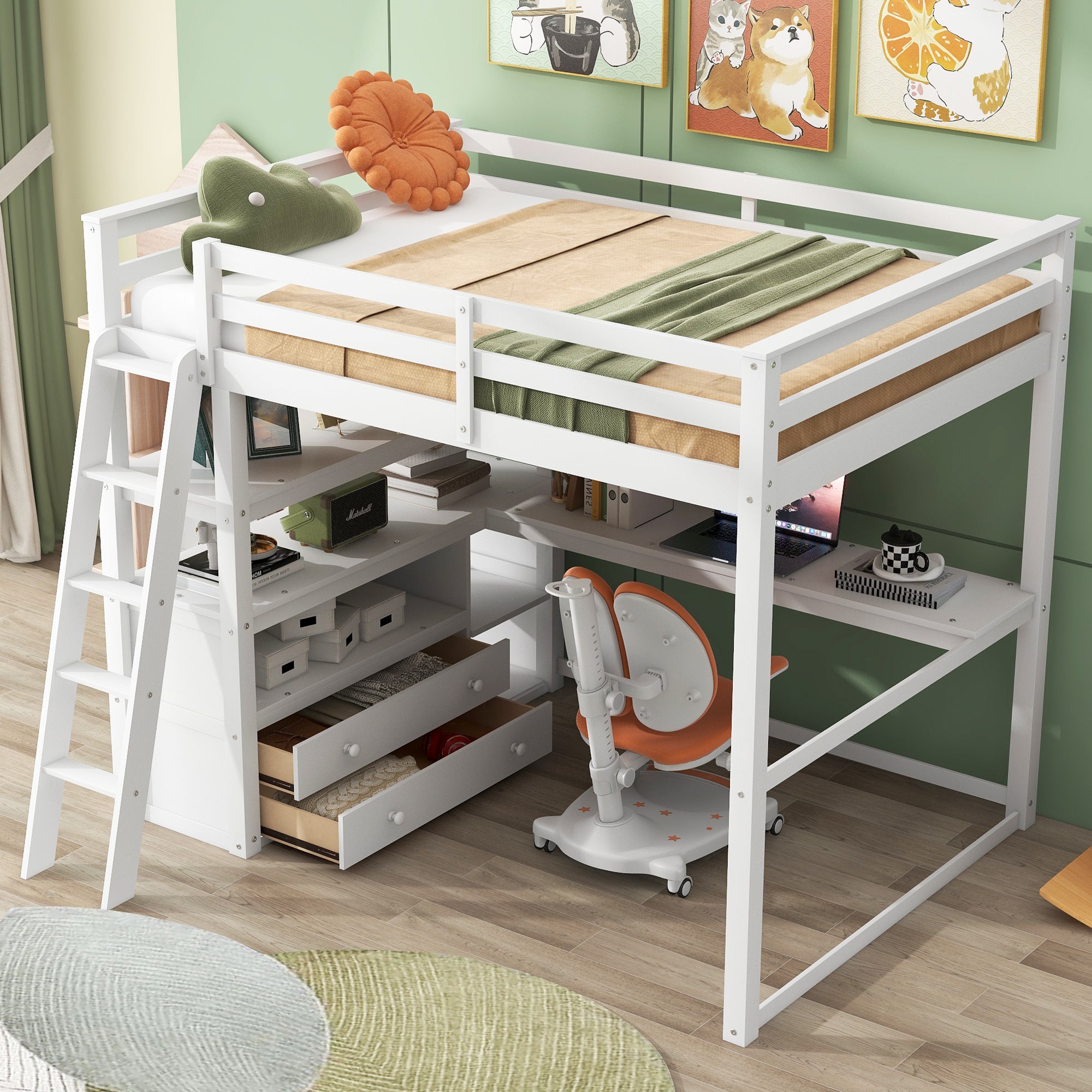 Full Size Loft Bed with Desk and Shelves,Two Built-in Drawers,White(Old SKU: SM000416AAK)