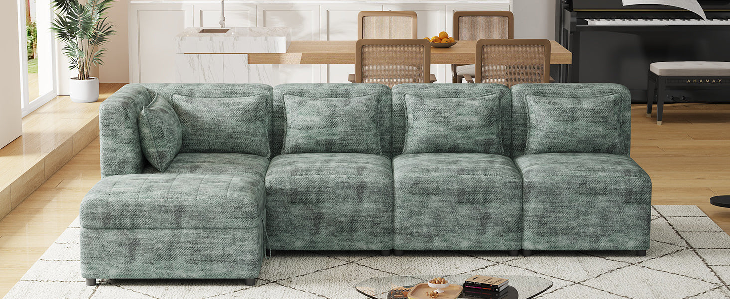 Free-Combined Sectional Sofa 5-seater Modular Couches with Storage Ottoman, 5 Pillows for Living Room, Bedroom, Office, Blue Green