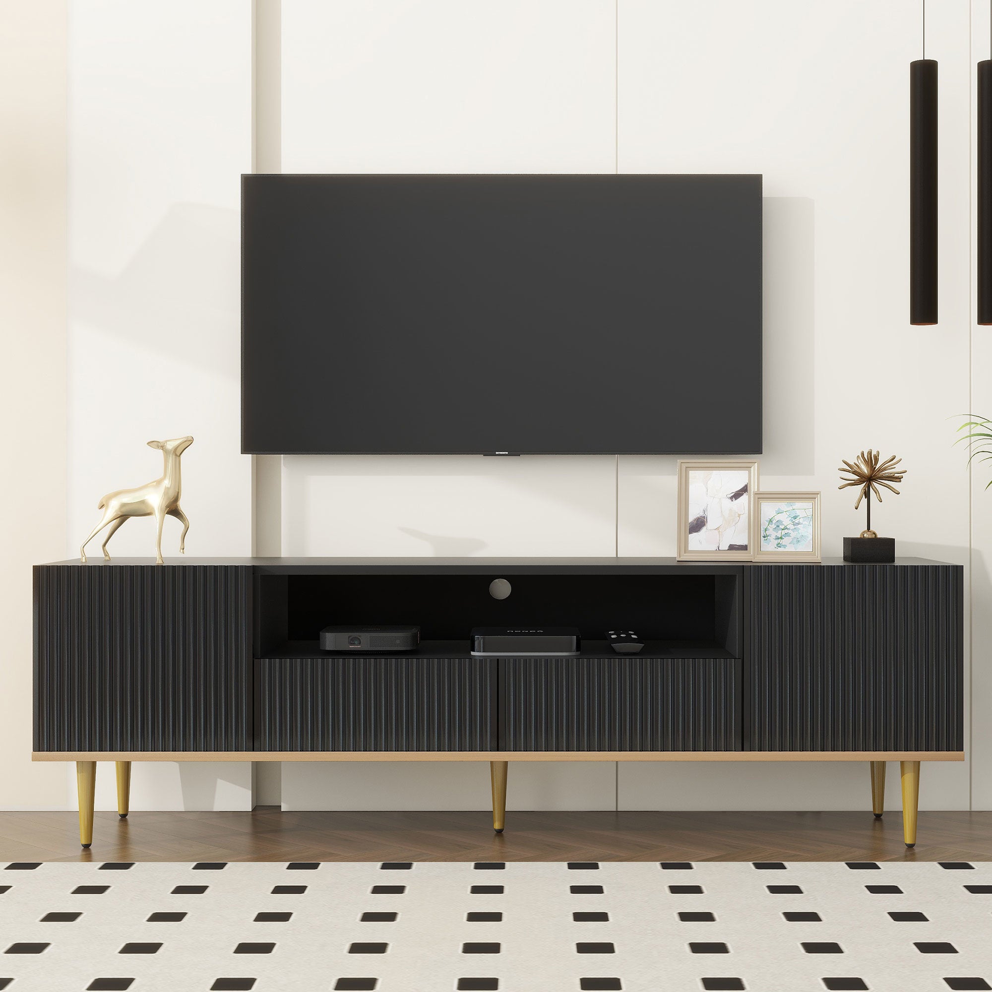 U-Can Modern TV Stand for 70+ Inch TV, Entertainment Center TV Media Console Table, with Shelf, 2 Drawers and 2 Cabinets, TV Console Cabinet Furniture for Living Room