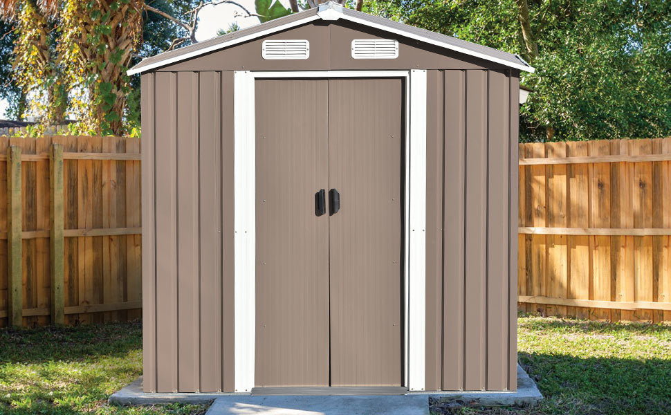 TOPMAX Patio 6ft x4ft Bike Shed Garden Shed, Metal Storage Shed with Lockable Door, Tool Cabinet with Vents and Foundation for Backyard, Lawn, Garden, Brown