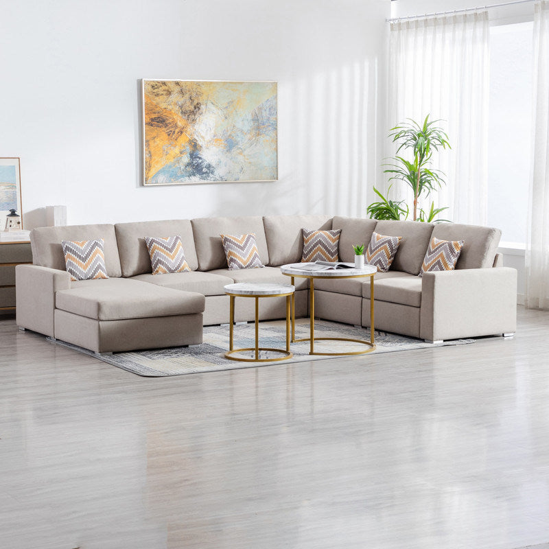 Nolan 124" Beige Linen Fabric 6Pc Reversible Chaise Sectional Sofa with Pillows and Interchangeable Legs