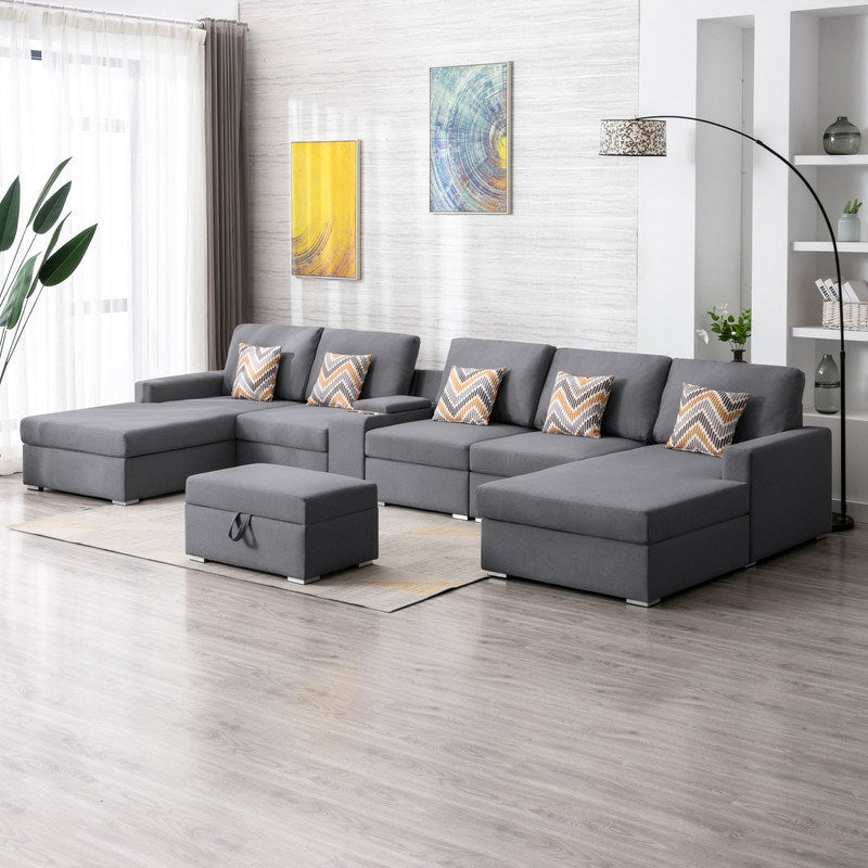 Nolan 163" Gray Linen Fabric 7Pc Double Chaise Sectional Sofa with Interchangeable Legs, Storage Ottoman, Pillows, and a USB, Charging Ports, Cupholders, Storage Console Table