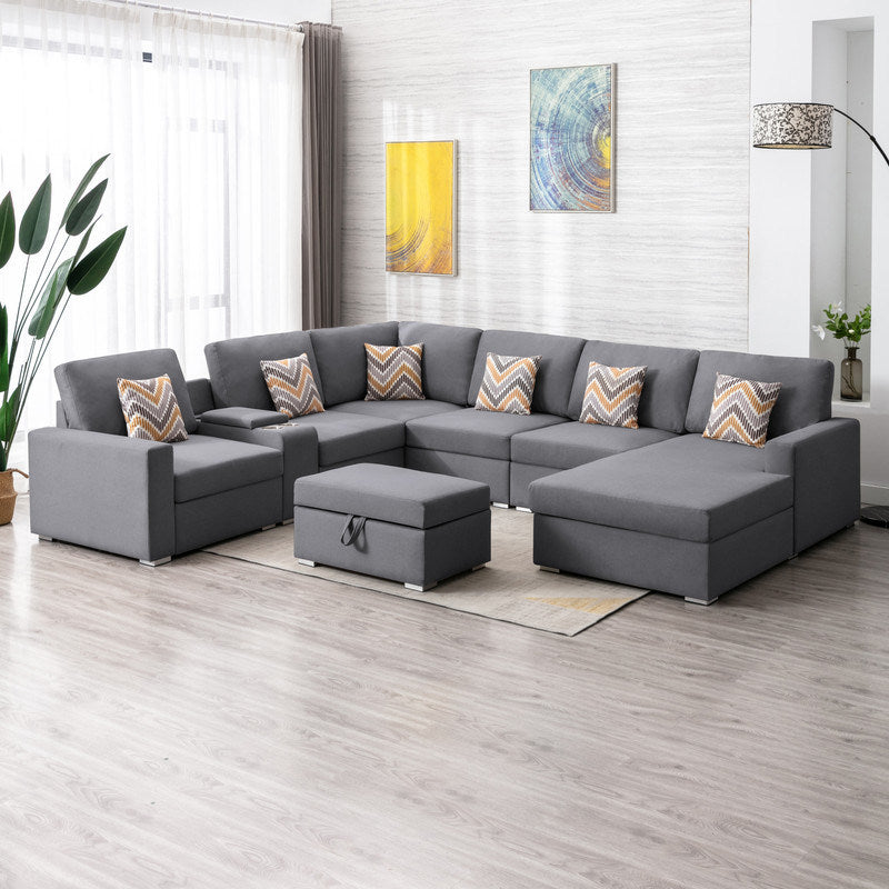 Nolan 124" Gray Linen Fabric 8Pc Reversible Chaise Sectional Sofa with Interchangeable Legs, Pillows, Storage Ottoman, and a USB, Charging Ports, Cupholders, Storage Console Table