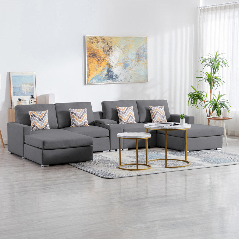 Nolan 135" Gray Linen Fabric 5Pc Double Chaise Sectional Sofa with Interchangeable Legs, a USB, Charging Ports, Cupholders, Storage Console Table and Pillows