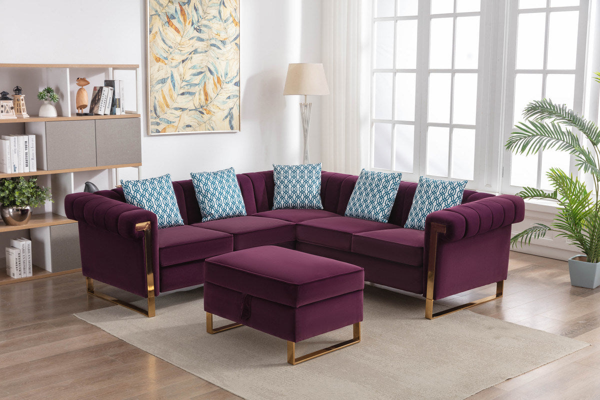 Maddie 88.5" Purple Velvet 5-Seater Sectional Sofa with Storage Ottoman