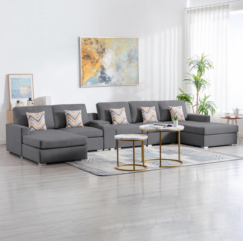 Nolan 163" Gray Linen Fabric 6Pc Double Chaise Sectional Sofa with Interchangeable Legs, a USB, Charging Ports, Cupholders, Storage Console Table and Pillows