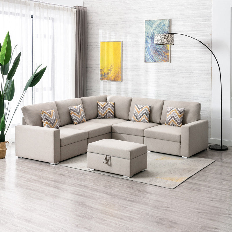 Nolan 95.5" Beige Linen Fabric 6Pc Reversible Sectional Sofa with Pillows, Storage Ottoman, and Interchangeable Legs