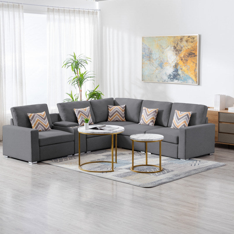 Nolan 106" Gray Linen Fabric 6Pc Reversible Sectional Sofa with a USB, Charging Ports, Cupholders, Storage Console Table and Pillows and Interchangeable Legs