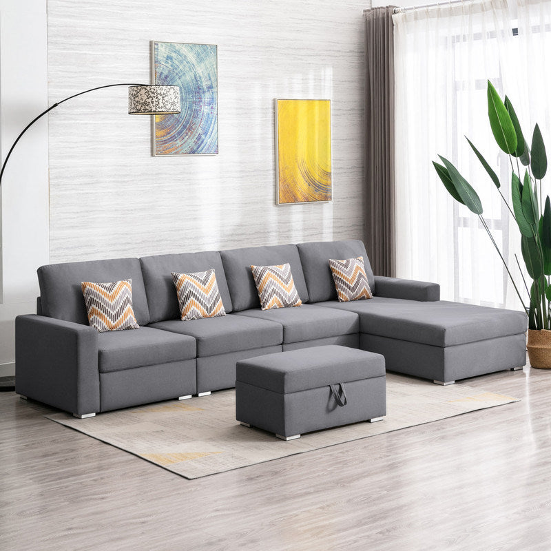 Nolan 124" Gray Linen Fabric 5Pc Reversible Sofa Chaise with Interchangeable Legs, Storage Ottoman, and Pillows