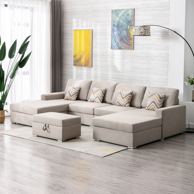 Nolan 124" Beige Linen Fabric 5Pc Double Chaise Sectional Sofa with Interchangeable Legs, Storage Ottoman, and Pillows