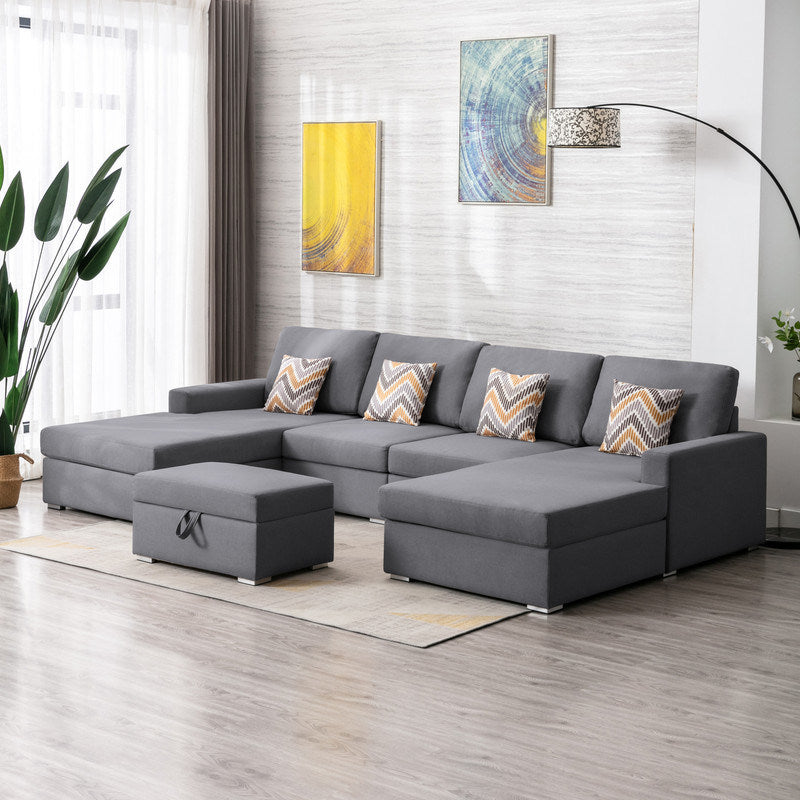 Nolan 124" Gray Linen Fabric 5Pc Double Chaise Sectional Sofa with Interchangeable Legs, Storage Ottoman, and Pillows