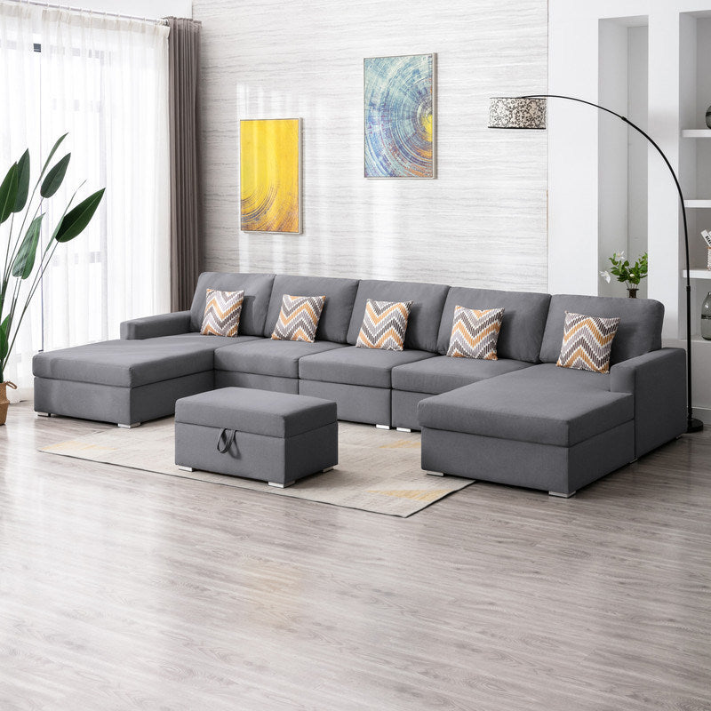 Nolan 152" Gray Linen Fabric 6Pc Double Chaise Sectional Sofa with Interchangeable Legs, Storage Ottoman, and Pillows