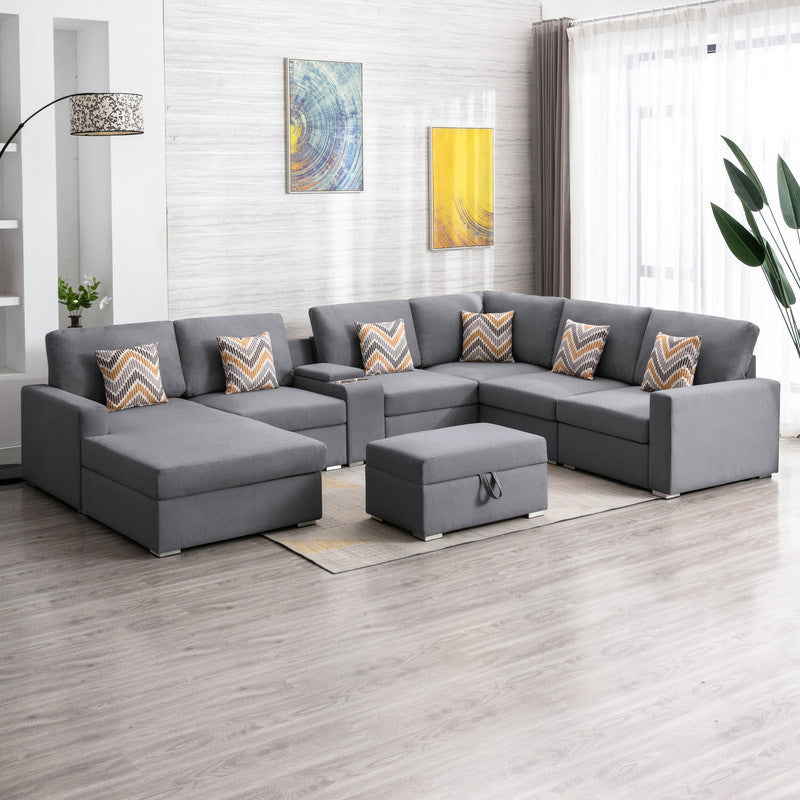 Nolan 135" Gray Linen Fabric 8Pc Reversible Chaise Sectional Sofa with Interchangeable Legs, Pillows, Storage Ottoman, and a USB, Charging Ports, Cupholders, Storage Console Table