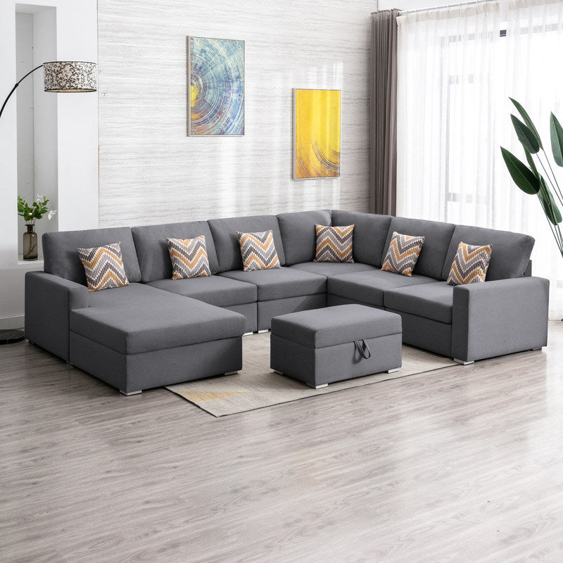 Nolan 124" Gray Linen Fabric 7Pc Reversible Chaise Sectional Sofa with Interchangeable Legs, Pillows and Storage Ottoman