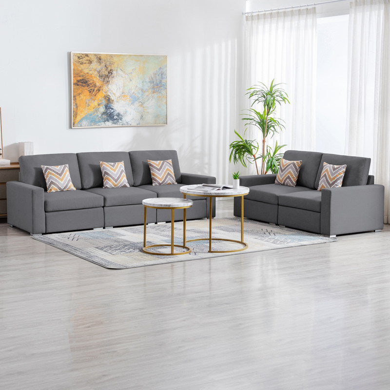 Nolan 95.5" Gray Linen Fabric Sofa and Loveseat Living Room Set with Pillows and Interchangeable Legs