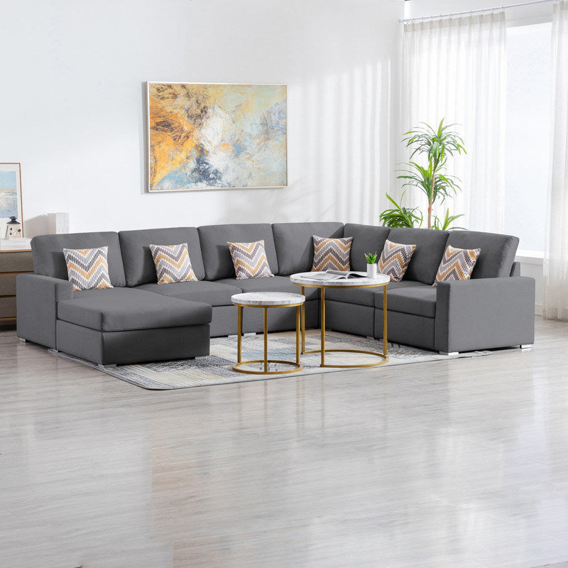 Nolan 124" Gray Linen Fabric 6Pc Reversible Chaise Sectional Sofa with Pillows and Interchangeable Legs