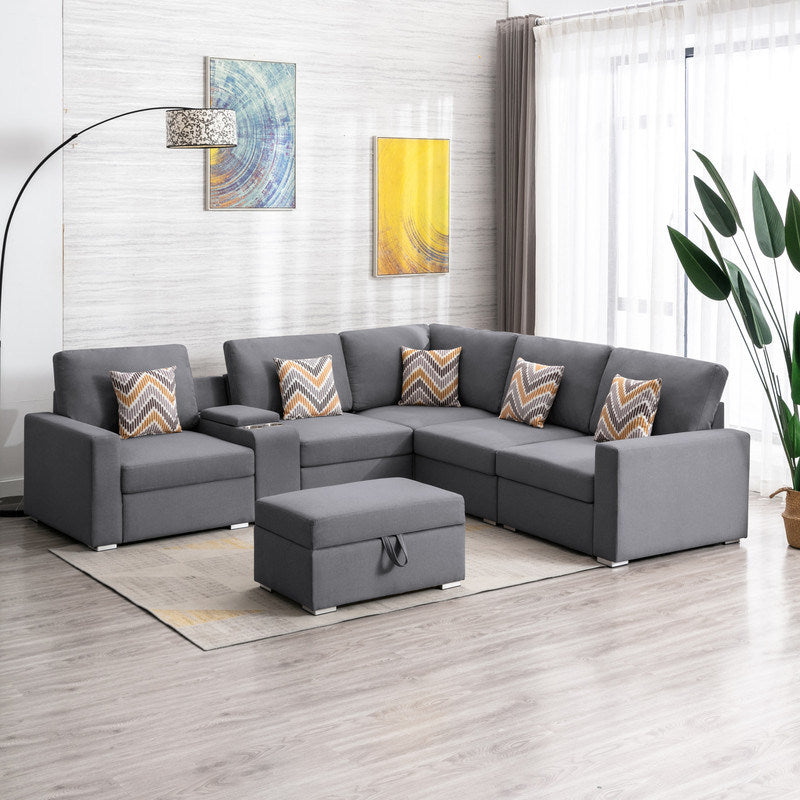 Nolan 106" Gray Linen Fabric 7Pc Reversible Sectional Sofa with Interchangeable Legs, Pillows, Storage Ottoman, and a USB, Charging Ports, Cupholders, Storage Console Table