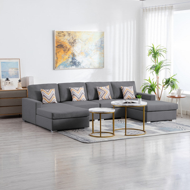 Nolan 124" Gray Linen Fabric 4Pc Double Chaise Sectional Sofa with Pillows and Interchangeable Legs