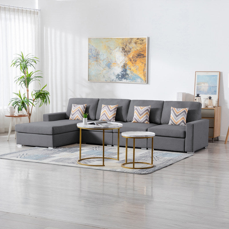 Nolan 124" Gray Linen Fabric 4Pc Reversible Sectional Sofa Chaise with Pillows and Interchangeable Legs