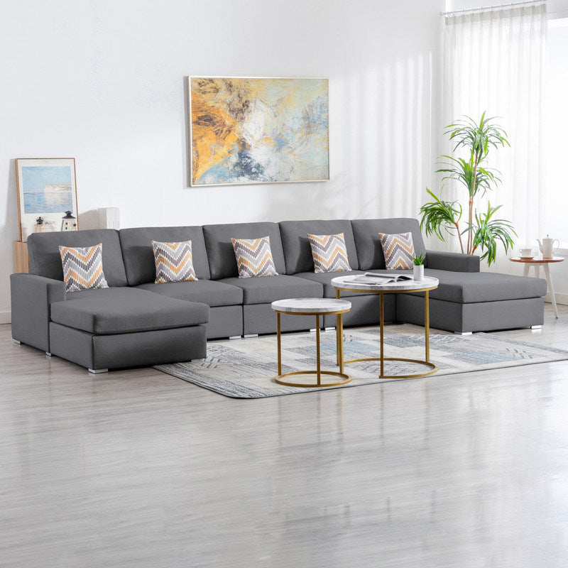 Nolan 152" Gray Linen Fabric 5Pc Double Chaise Sectional Sofa with Pillows and Interchangeable Legs