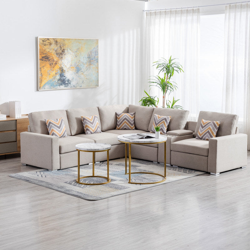 Nolan 106" Beige Linen Fabric 6Pc Reversible Sectional Sofa with a USB, Charging Ports, Cupholders, Storage Console Table and Pillows and Interchangeable Legs