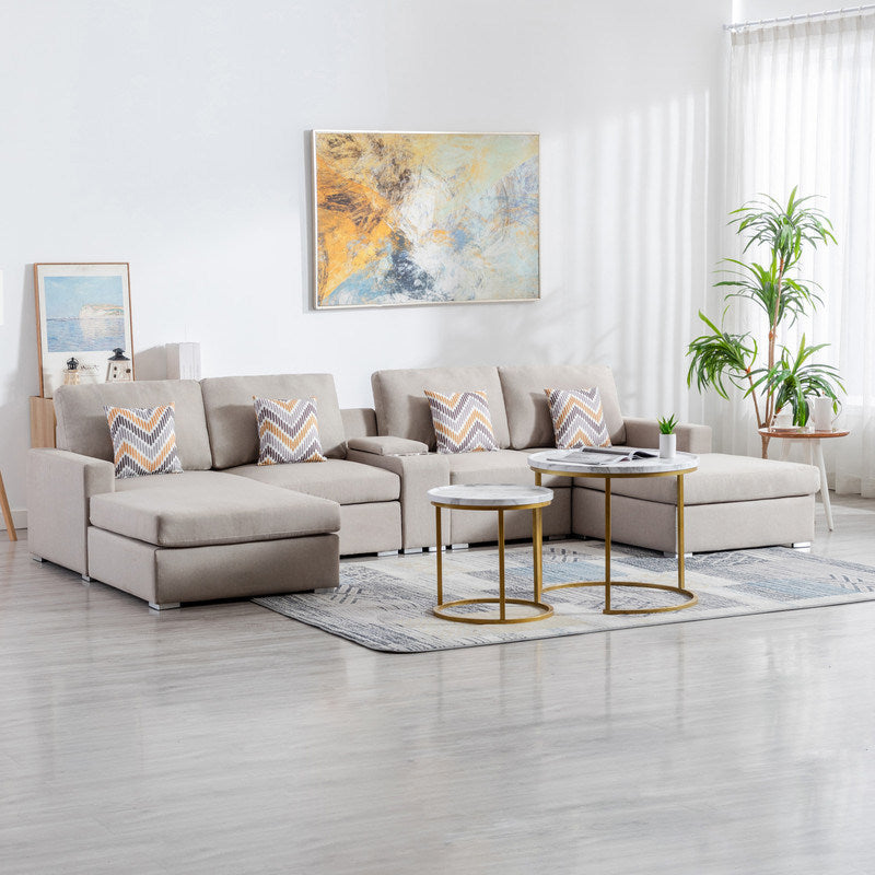 Nolan 135" Beige Linen Fabric 5Pc Double Chaise Sectional Sofa with Interchangeable Legs, a USB, Charging Ports, Cupholders, Storage Console Table and Pillows