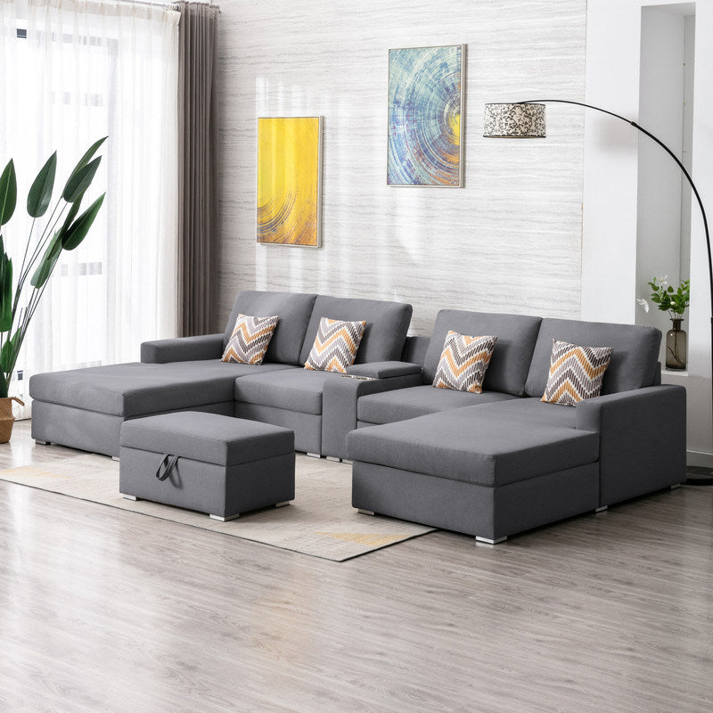 Nolan 135" Gray Linen Fabric 6Pc Double Chaise Sectional Sofa with Interchangeable Legs, Storage Ottoman, Pillows, and a USB, Charging Ports, Cupholders, Storage Console Table