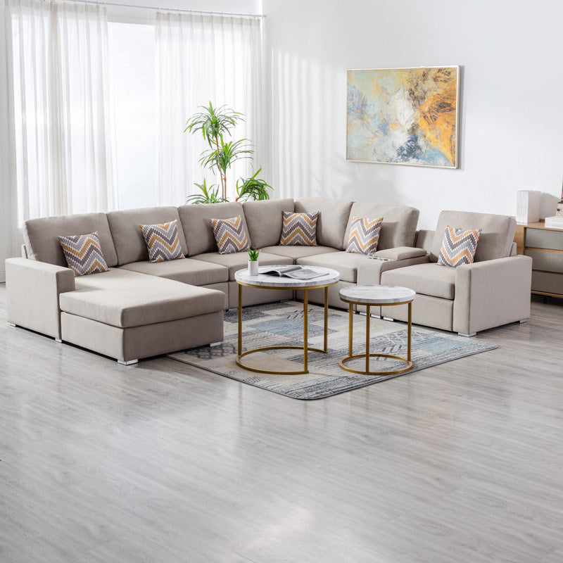 Nolan 124" Beige Linen Fabric 7Pc Reversible Chaise Sectional Sofa with a USB, Charging Ports, Cupholders, Storage Console Table and Pillows and Interchangeable Legs