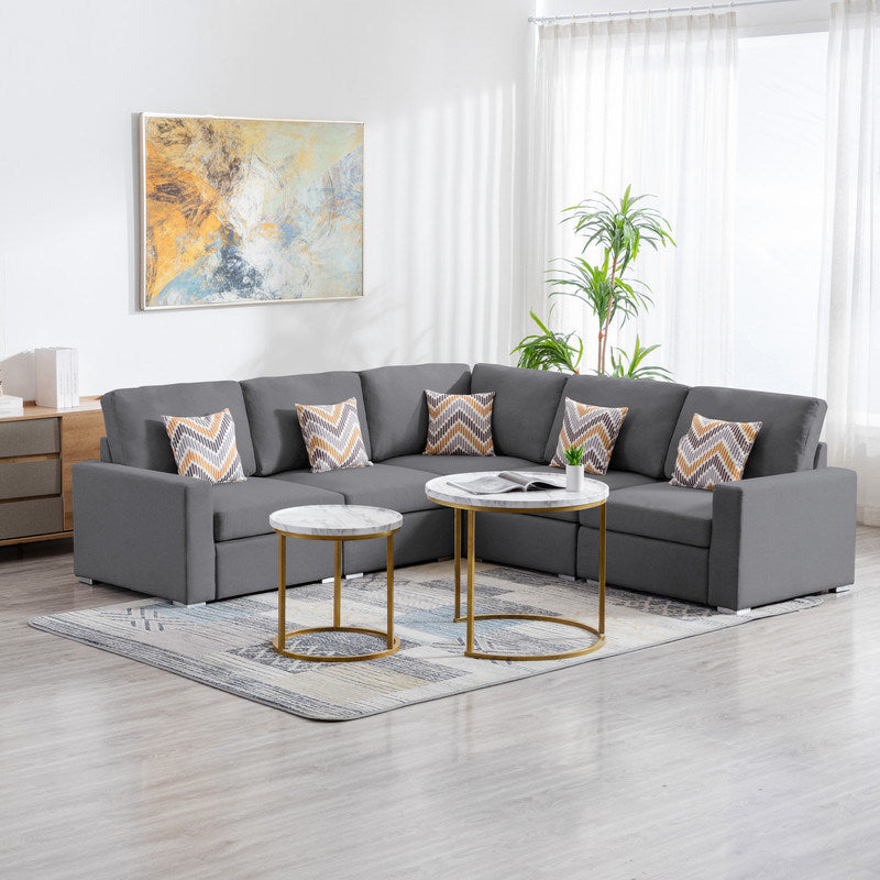 Nolan 95.5" Gray Linen Fabric 5Pc Reversible Sectional Sofa with Pillows and Interchangeable Legs