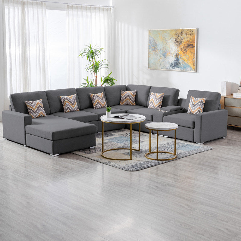 Nolan 124" Gray Linen Fabric 7Pc Reversible Chaise Sectional Sofa with a USB, Charging Ports, Cupholders, Storage Console Table and Pillows and Interchangeable Legs