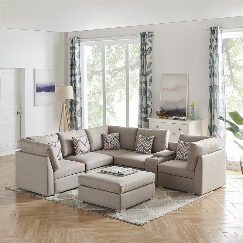 Amira 105.9" Beige Fabric Reversible Sectional Sofa with USB Console and Ottoman