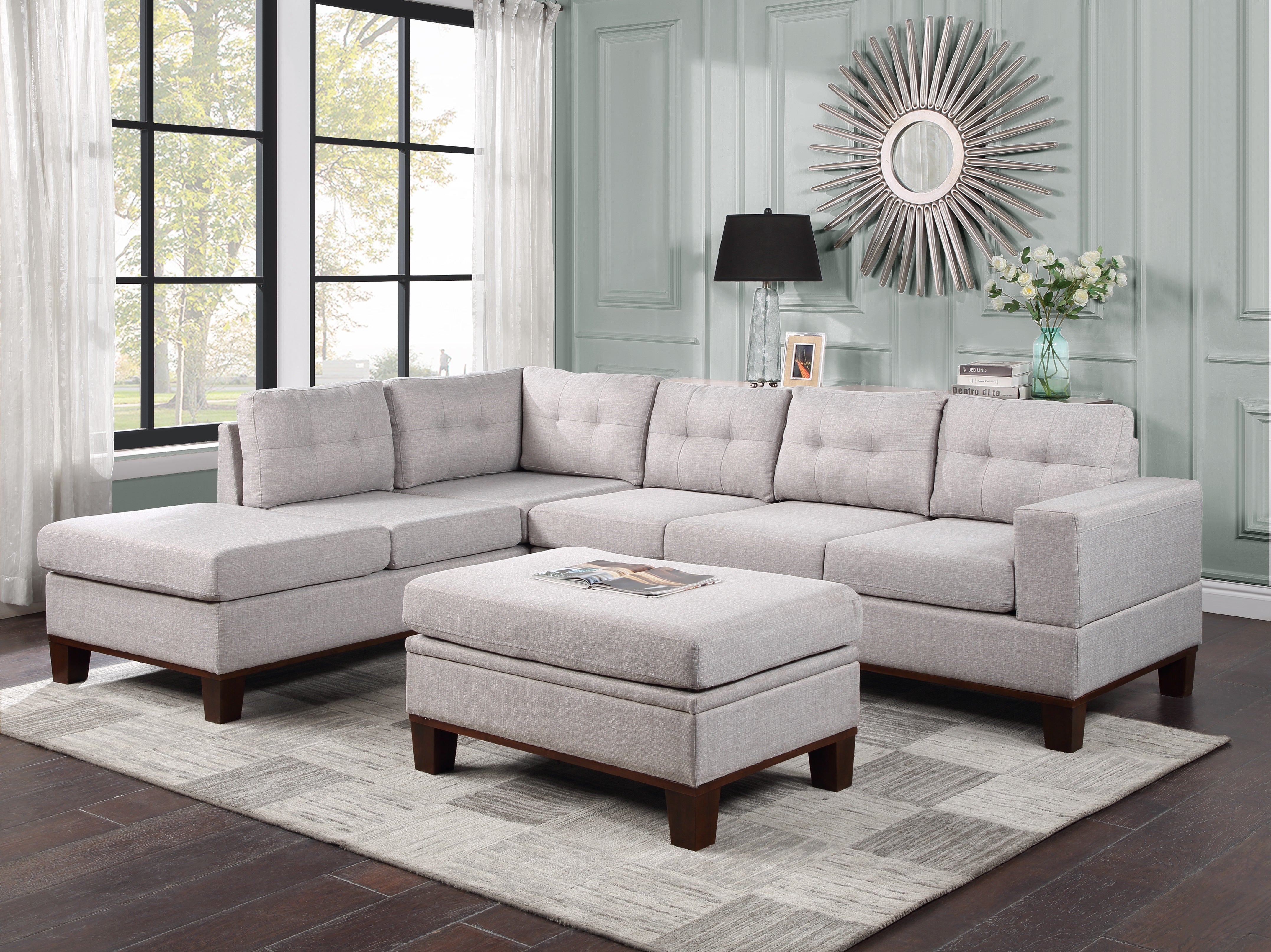 Hilo 106" Light Gray Fabric Reversible Sectional Sofa with Dropdown Armrest, Cupholder, and Storage Ottoman