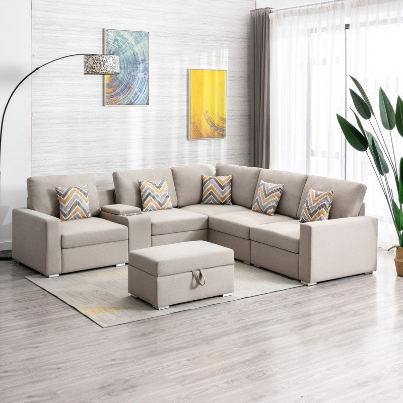 Nolan 106" Beige Linen Fabric 7Pc Reversible Sectional Sofa with Interchangeable Legs, Pillows, Storage Ottoman, and a USB, Charging Ports, Cupholders, Storage Console Table