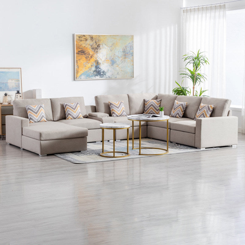 Nolan 135" Beige Linen Fabric 7Pc Reversible Chaise Sectional Sofa with a USB, Charging Ports, Cupholders, Storage Console Table and Pillows and Interchangeable Legs