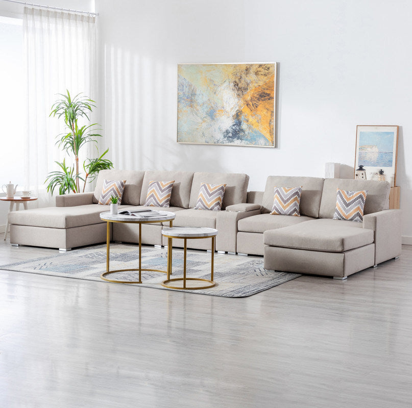 Nolan 163" Beige Linen Fabric 6Pc Double Chaise Sectional Sofa with Interchangeable Legs, a USB, Charging Ports, Cupholders, Storage Console Table and Pillows